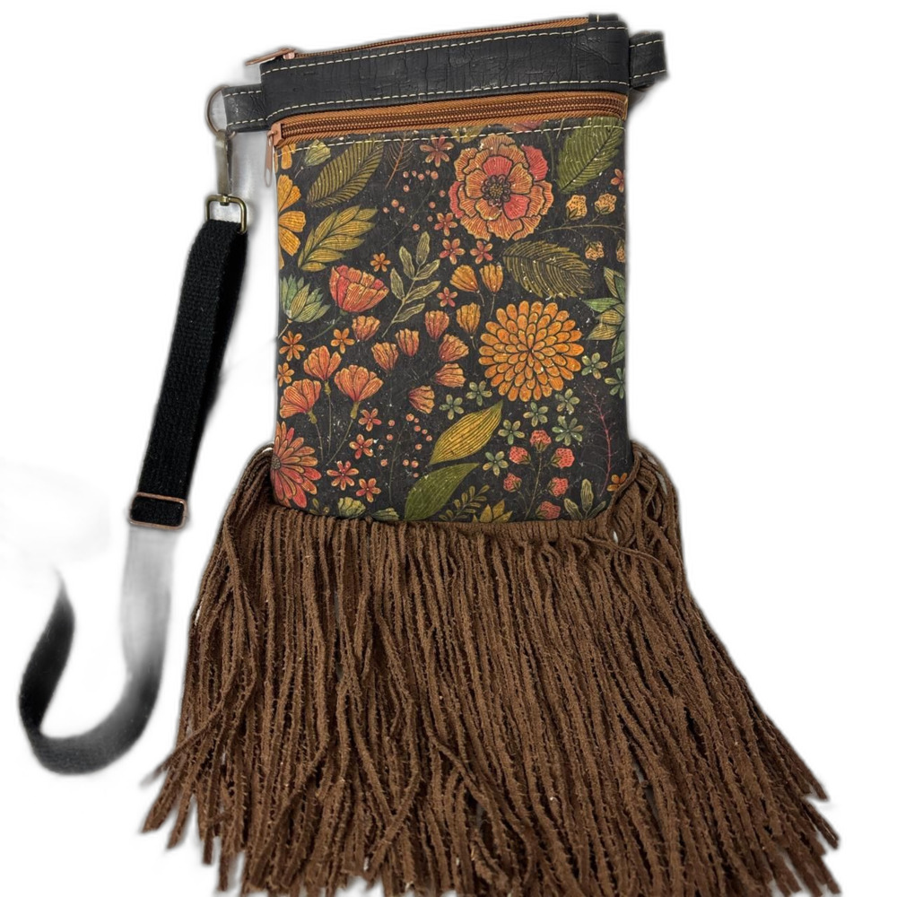 Uncommon Bag Black and Brown Fringe Small Crossbody Cork Bag with Floral Designs